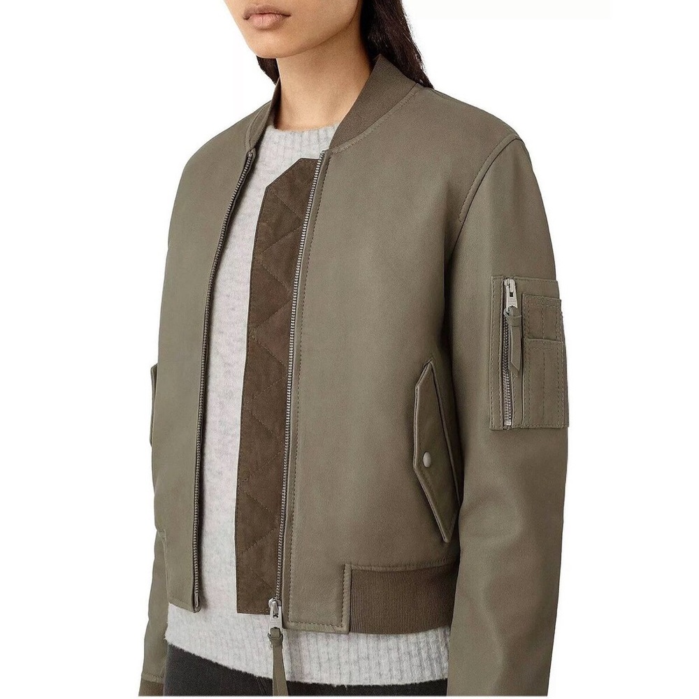 NWOT ALL SAINTS AVALON LEATHER BOMBER JACKET IN PISTACHIO GREEN